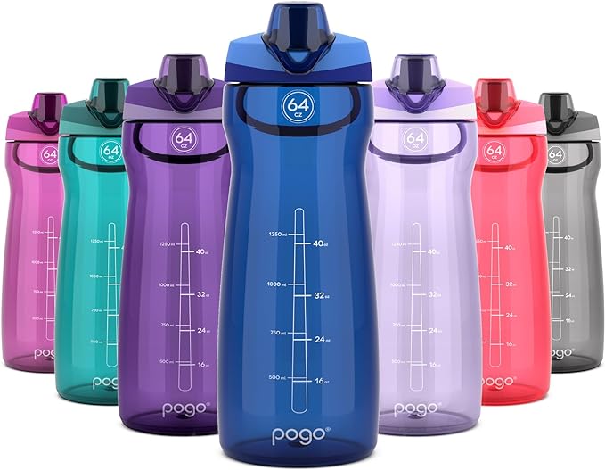 Pogo 64oz Plastic Water Bottle with Chug Lid and Carry Loop, Blue | Leakproof water bottle with chug lid and capacity markings. BPA-free, great for travel, school, outdoors, and gym.