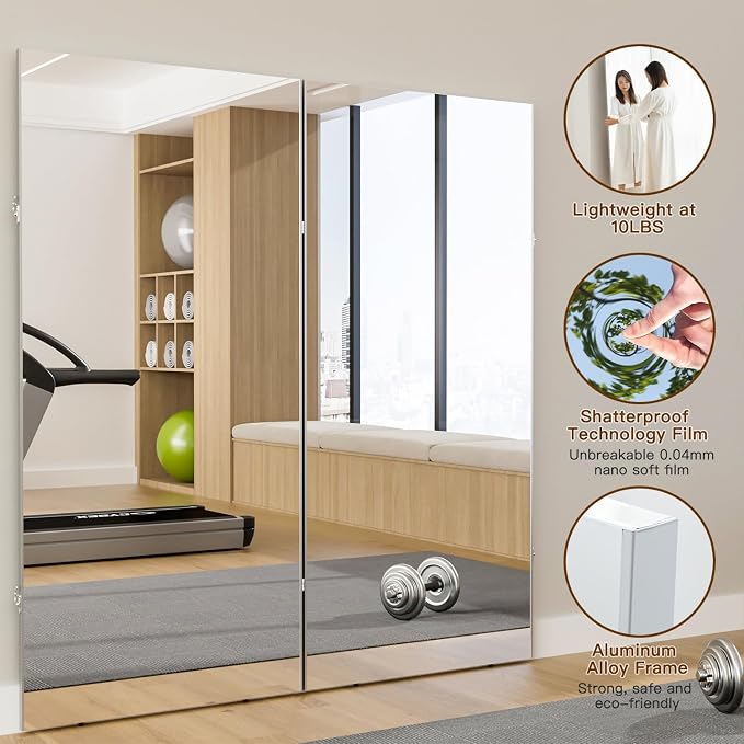 Space-Saving 360° Folding Full Length Mirror, 63" x 67" Oversized Standing/Leaning Mirror, Shatterproof, Lightweight Design for Home Gym, Yoga Studio, Dance Studio, Fitness Studio (Black)