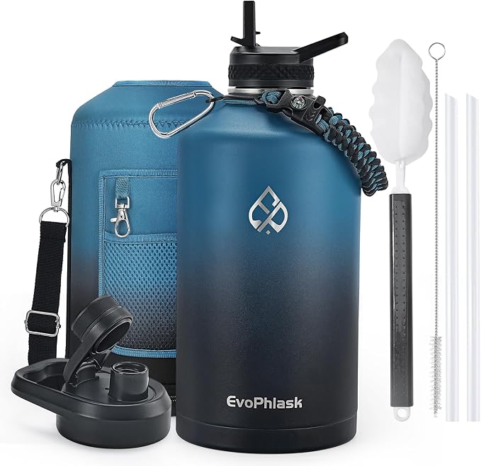 1 Gallon Water Bottle Insulated with Carrier Bag, Indigo/Black | Stainless Steel, Vacuum Insulated Keep Cold 48 Hrs, 128 oz Large Gallon Water Jug, For Travel, Sport, Gym, Hiking