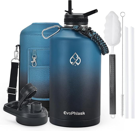 1 Gallon Water Bottle Insulated with Carrier Bag, Indigo/Black | Stainless Steel, Vacuum Insulated Keep Cold 48 Hrs, 128 oz Large Gallon Water Jug, For Travel, Sport, Gym, Hiking