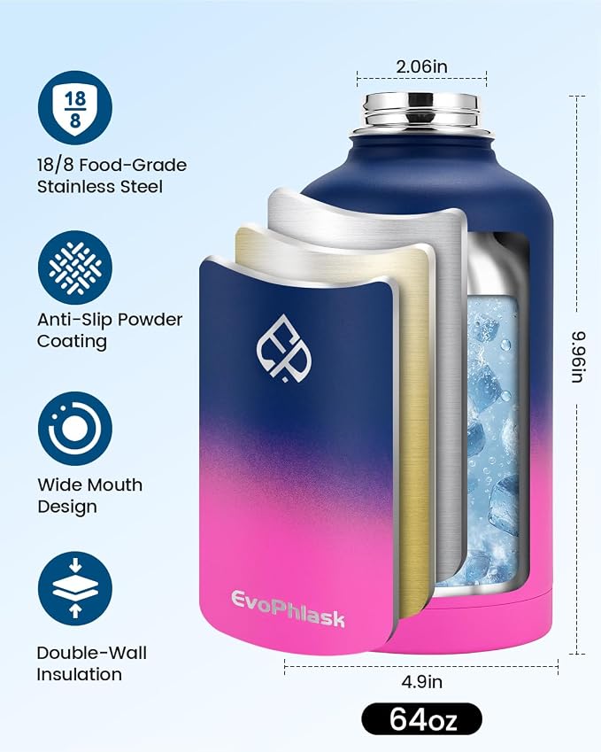 Insulated Water Bottle 64 oz with Carrier Bag, Blue/Pink | Stainless Steel, Vacuum Insulated Keep Cold 48 Hrs, Half Gallon Large Water Jug, For Travel, Sport, Gym, Hiking