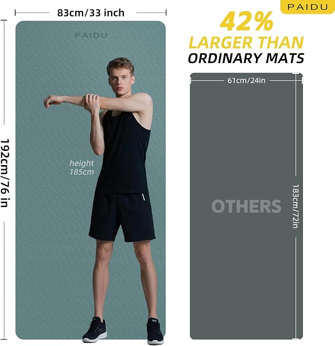 PAIDU Extra Long Wide Yoga Mat, （10mm） Thick Non-Slip Exercise Mat 76"x33" | large mat, ideal for yoga, Pilates & home gym, with non-slip grip & cushioning for all exercises.