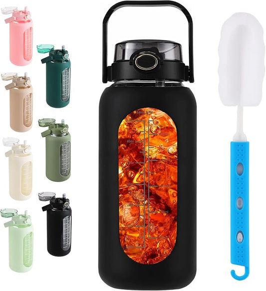 64 oz Glass Water Bottle with 2-in-1 Straw Lid Large Half Gallon Water Bottle with Time Marker & Removable Silicone Sleeve,Wide Mouth BPA-Free Borosilicate Bottle for Gym, Workout & Daily Use