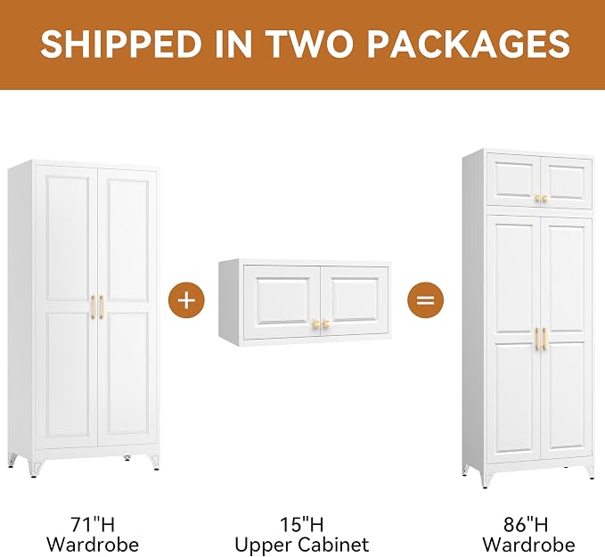 Polup 15" High White Metal Wall Cabinet, Overhead Closet Storage Unit | Modular Steel Top Extension for 71" Armoire Wardrobe, 2 Doors, 180lbs Capacity Single Space, Mounting Hardware for Bedroom