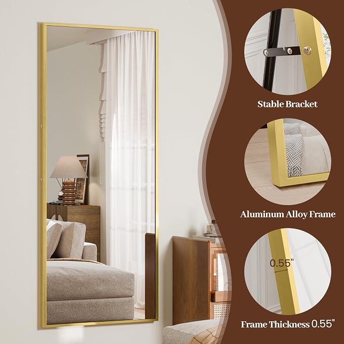 64"×21" Full Length Mirror, Shatterproof Tempered Glass Floor Mirror, Alum Alloy Thin Frame Standing Mirror with Freestanding/Leaning/Wall Mount for Bedroom, Living Room & Entryway, Gold