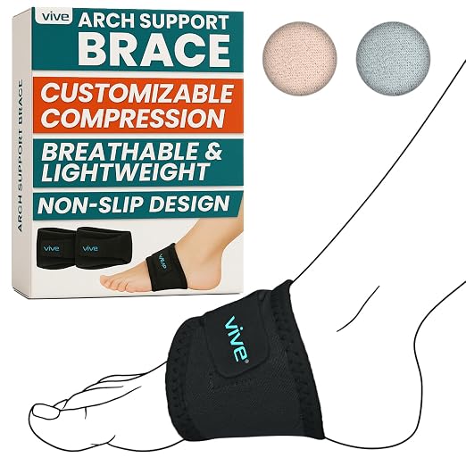 Vive Foot Arch Support Brace (Pair) - Wrap Corrector for Flat Feet, Plantar | Fasciitis, Pain Relief, Fallen Arches - Compression Sleeve Strap, Gel Bands Inserts for Women & Men - Wear Under Socks