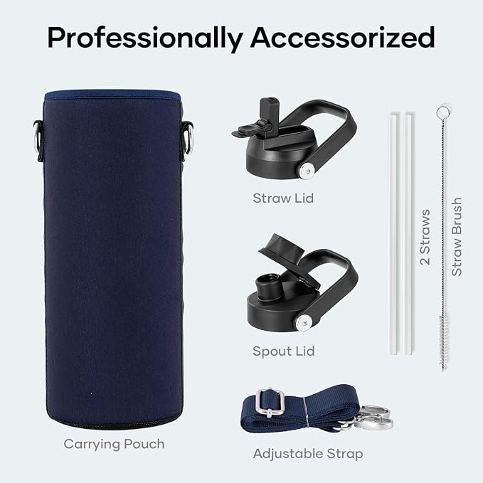 BUZIO Triple Wall Vacuum Water Bottle with Dust-proof Straw & Spout Lids | 40 oz Insulated Stainless Steel Water Flask (Cold for 48 Hrs/Hot for 24 Hrs), Dishwasher Safe, Leakproof, Non-BPA, for Hiking