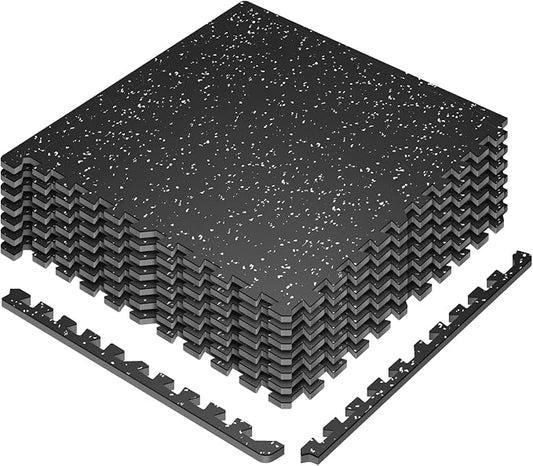 Interlocking Exercise Equipment Mats, 0.56" Thick 6 Tiles (24 Sq Ft) - Rubber Top Gym Flooring with High Density EVA Foam, Heavy Weight Workout Mats for Home GymFloor Protection,Black/White