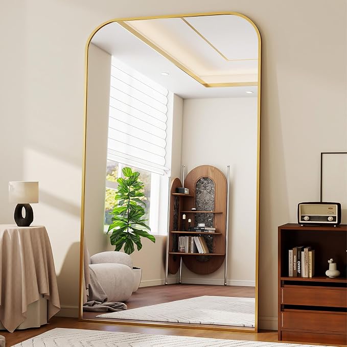 Oversized Full Length Mirror 81"x41" Arched Floor Standing Mirror | Large Full Body Mirrors with Stand - with Aluminum Frame for Bedroom Living Room, Gold