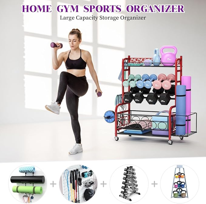VOPEAK 3-Tier Dumbbell Rack with Wheels, Weight Rack for Home Gym Storage | Stores dumbbells, kettlebells & yoga mats. Lockable wheels for mobility. Sturdy steel frame, easy 15-min assembly