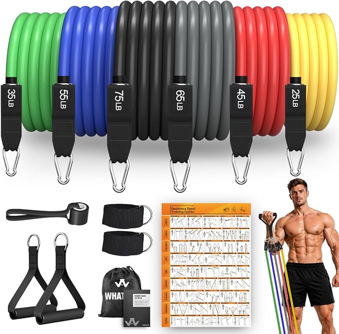 WHATAFIT Resistance Bands, Exercise Bands with Handles, Workout Bands for Working Out, Fitness Bands Set for Home Gym Full Body Strength Training, Muscle Tone, Yoga & Stretching
