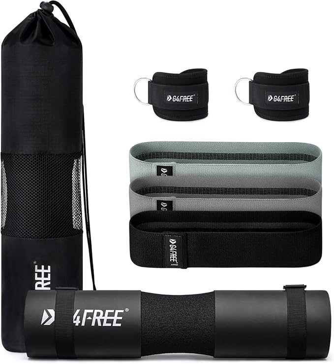 G4Free 7/9Pcs Barbell Pad Set for Squat, Hip Thrusts, Lunges, Leg day | Standard Olympic Bars with 2 Gym Ankle Safety Straps, 3 Hip Resistance Bands, 2 Lifting Strap, Barbell Pad, and Carry Bag