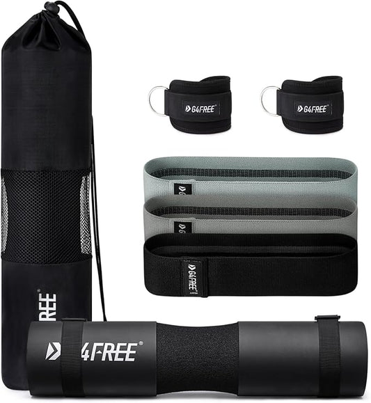G4Free 7/9Pcs Barbell Pad Set for Squat, Hip Thrusts, Lunges, Leg day | Standard Olympic Bars with 2 Gym Ankle Safety Straps, 3 Hip Resistance Bands, 2 Lifting Strap, Barbell Pad, and Carry Bag