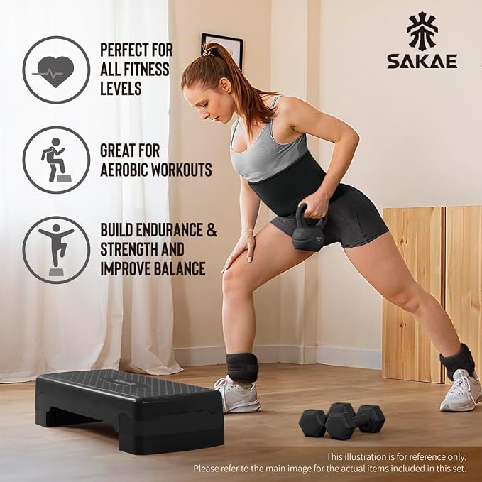 Adjustable Height Aerobic Stepper Set, Multiple Bundle Options with Dumbbells, Kettlebell, Waist Trimmer, Ankle Weights or Weighted Vest, Workout Exercise Step Platform w/Level Risers, 4 Colors