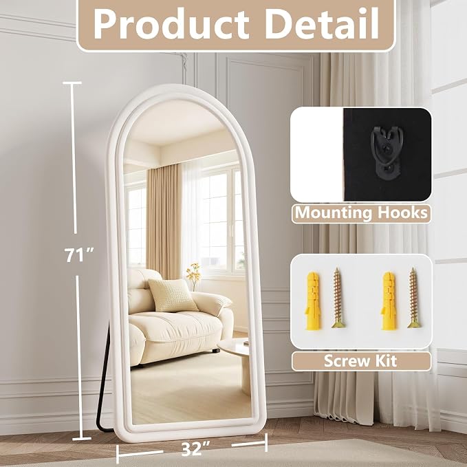Arched Full Length Mirror 71"x32", Flannel Floor Mirror | Full Body Mirror with Stand, Flannel Mirrror Bedroom and Living Room, Wall Mirror Hanging or Leaning, White
