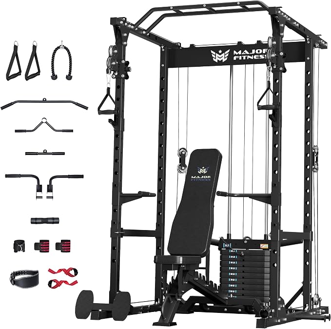 MAJOR FITNESS Power Cage Drone1 Premium- Multi-Function Power Rack for Home Gym, Squat Rack with Pull-up Bar, Cable Crossover System, J-Hooks, for Strength Training, Heavy-Duty Steel Construction