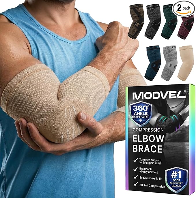 Modvel 2 Pack Elbow Brace for Tendonitis and Tennis Elbow Brace for Women and Men, Elbow Compression Sleeve for Pain Relief and Recovery – Elbow Sleeves Weightlifting Men, Sports & Workout, Arm Brace