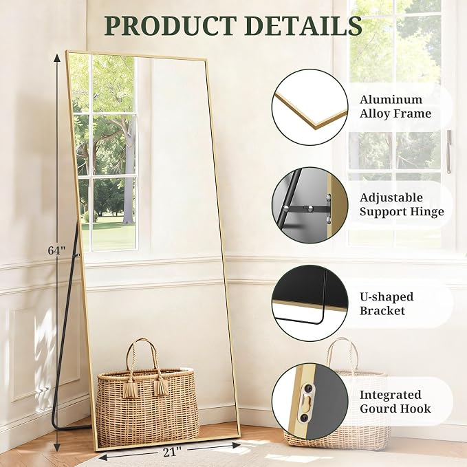 Mirror Full Length 64"x21", Rectangle Full Body Floor Mirrors with Stand | Shatterproof Glass, Aluminum Alloy Frame, Free Standing, Wall Mounted or Leaning for Bedroom Living Room Entryway