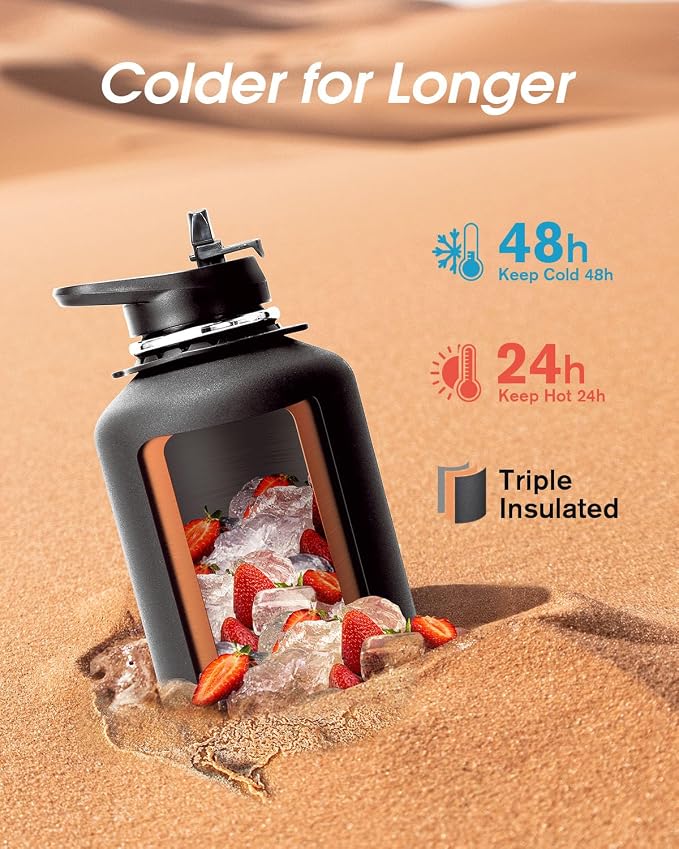 Coolflask Half Gallon Water Bottle Insulated Stainless Steel with Strap | 64 oz Large Water Jug with Straw & Spout Lids,Triple-Wall, Cold 48+h,Dishwasher Safe, Leakproof, BPA-Free,for Gym & Hiking