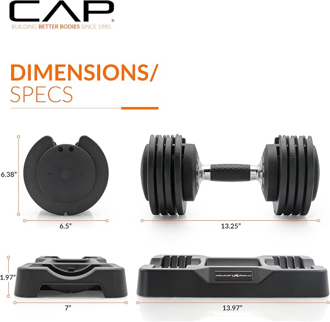 CAP ADJUSTABELL Adjustable Dumbbell Set, Premium Quick Select Adjustable Weights for Strength Training, Singles & Pairs, 12.5 LB, 25 LB & 55 LB, Round & Hex Dumbbells, Multiple Grip Handle Options