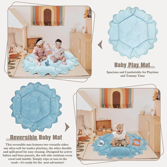 5-in-1 Plush Baby Play Gym, Activity Mat with Convertible Gym, Baby Gym 6 Sensory Toys, Play Center for Newborn to Toddler, Blue