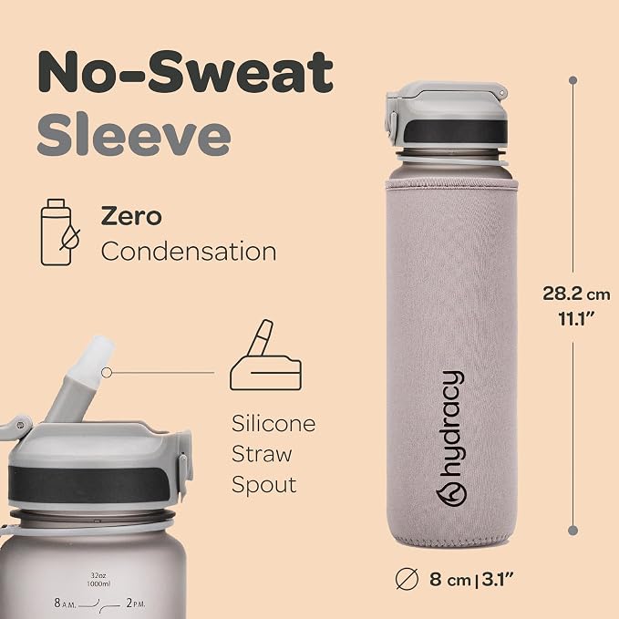 Hydracy Motivational Water Bottle with Time Marker and Straw Lid 32 oz | Leakproof,BPA Free,No Sweat Neoprene Sleeve,Carry Strap,Daily Intake Tracking for Fitness & Outdoors