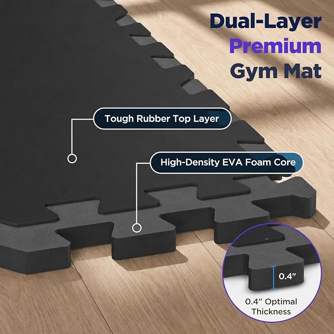 48 Sq Ft Rubber Top Gym Flooring for Home Gym, Black | 12 Tiles, High Density EVA Foam, Waterproof & Non-Slip Rubber, 0.4" Interlocking Puzzle Mats, Floor Protection, 24"x24"