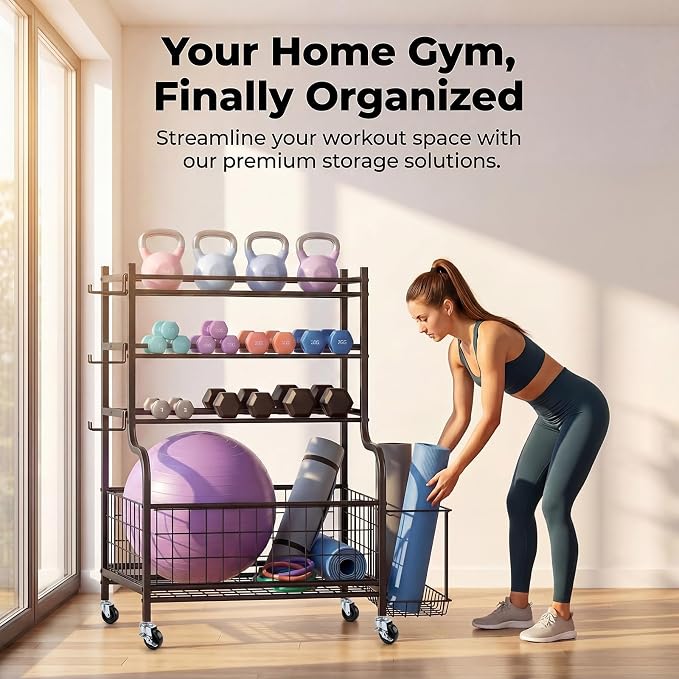 4-Tier Home Gym Storage Rack with Wheels and Hooks, Dumbbell Stand | 340 lbs 4-Tier Dumbbell Rack, Kettlebell Stand and Sports Equipment Organizer for Home Gym, Garage, Apartment