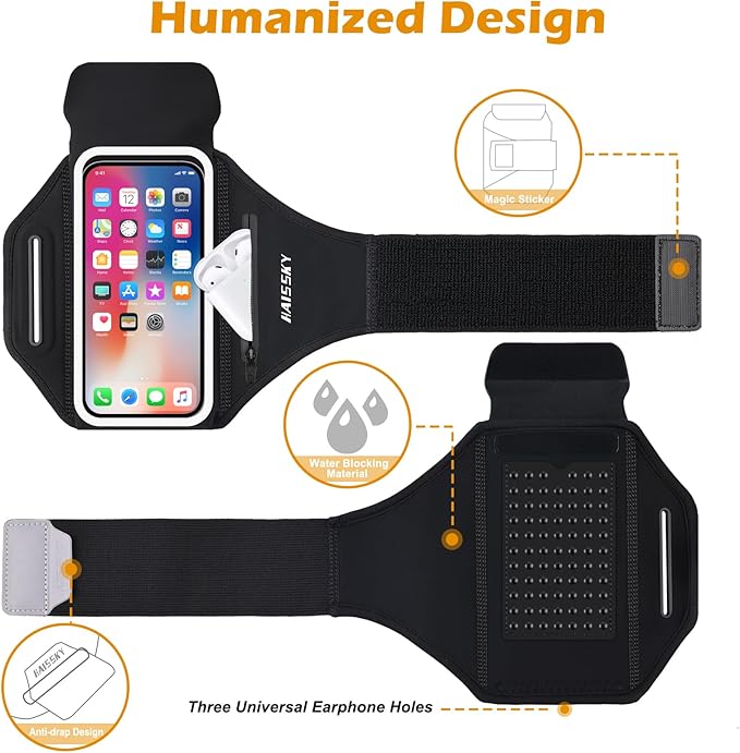 Running Armband with Earphone Bag, 6.9" Phone Holder for iPhone Samsung | Zipper Pocket for Keys & Earphones, TPU Touchscreen & Water-Resistant, 3D Design Phone Armband, Stretchy Fits Arm 13"-16.5"