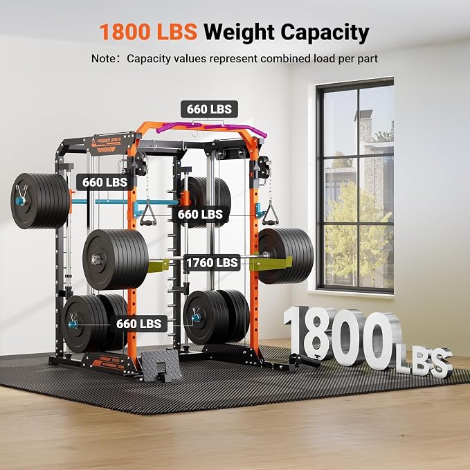 YOLEO Smith Machine & Squat Rack Combo, Multi-Functional Power Racks with Adjustable Width & Pull-Up Bar, Cable Crossover Power Cage, Independent Dual-Pulley System for Home Gym Garage Basement