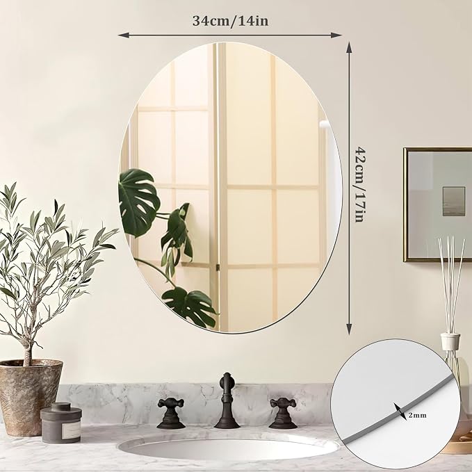 JUNEBRUSHS Oval Mirror, Acrylic Oval Bathroom Mirrors 17x14 Inchs | Unbreakable Frameless Wall-Mounted Mirrors, for Wall Bedroom Home Decor