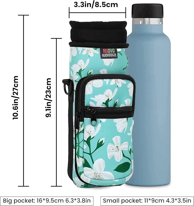 Nuovoware Water Bottle Carrier Bag, 25oz/32oz Bottle Pouch Holder, Adjustable Shoulder Hand Strap 2 Pocket Sling Neoprene Sleeve Sports Water Bottle Accessories for Gym Hiking Travelling, Green Lily | Adjustable Shoulder Hand Strap, 2 Pocket, Neoprene ...