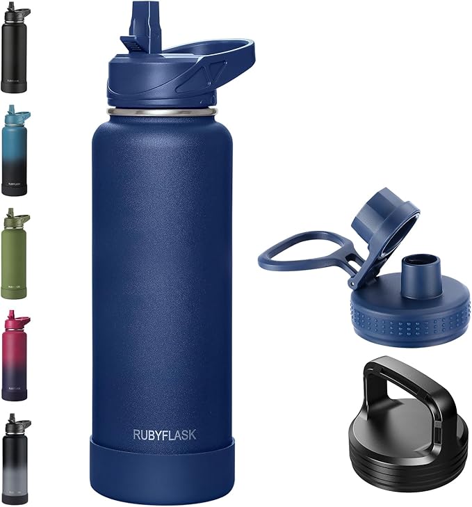 RUBYFLASK 40 oz Insulated Stainless Steel Water Bottle with Straw | 3 Lids, Wide Mouth, Metal Vacuum Leakproof Water Jug Flask and Handle, Large Thermal Cup with Silicone Boot, Navy