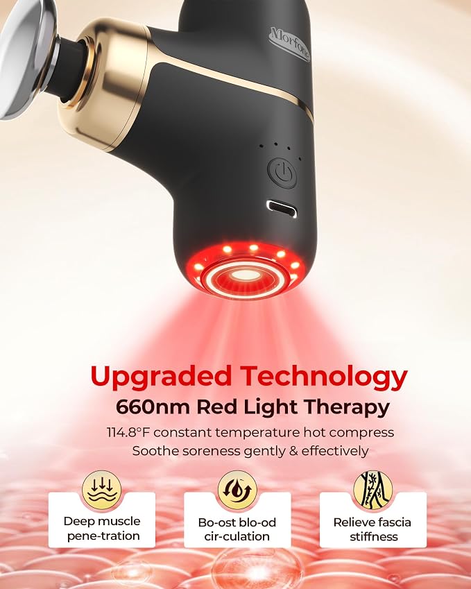 Super Mini Massage Gun with Heat & Red Light, 0.48 lb Travel Massage Gun | Palm-Sized Deep Tissues Percussion Muscle Massager 4 Heads 4 Speeds Compact Ultra-Quiet Type-C Charging for Home Office Black