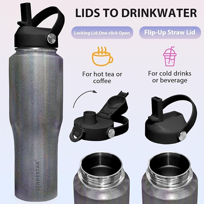 SENDESTAR Water Bottle,Wide Mouth Stainless Steel Vacuum Insulated Double Wall Keep Liquids Cold or Hot All Day,Sweat Proof Sport Design,Fit Car Cup Holder,Laser Grey,32 Ounces