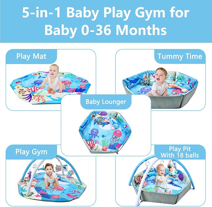 Baby Gym Play Mat, 8-in-1 Tummy Time Mat with Detachable Sensory Toys | Washable Activity Gym, Foldable Ball Pit for Floor Play, for Infant & Newborn 0-6-12 Months, High Contrast Black White