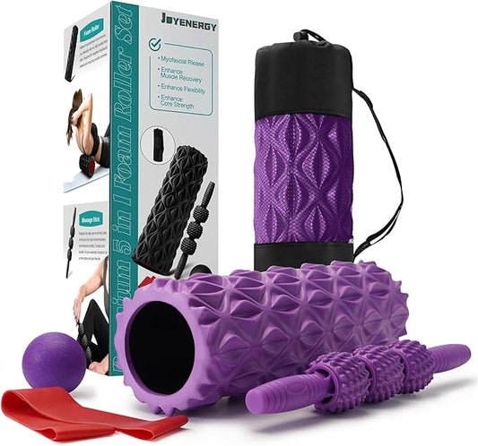 5 in 1 Foam Roller Set High Density Patented Foam Roller for Exercise | Foam Roller Massage Stick, Massage Ball, Resistance Band for Deep Muscle Massage Yoga Trigger Point Release Purple Diamond