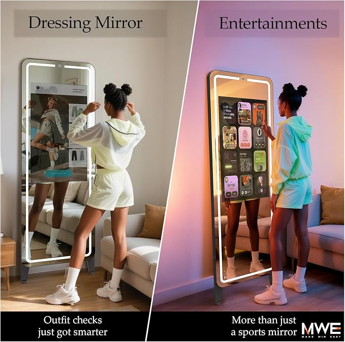 Smart Gym Mirror for Home Workout | 32" HD Touch-Screen Andriod OS | 63" Reflective Surface | No VIP Fees Support Various APPs, Music Sync LED Light Strip, for Home Gym/Yoga/Dance