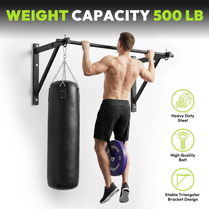 HANDBODE Wall Mounted Pull Up Bar for Doorway, 52''/36'' Chin Up Bar | 500 lb Capacity, Thickened Steel Construction, Joist Mounted