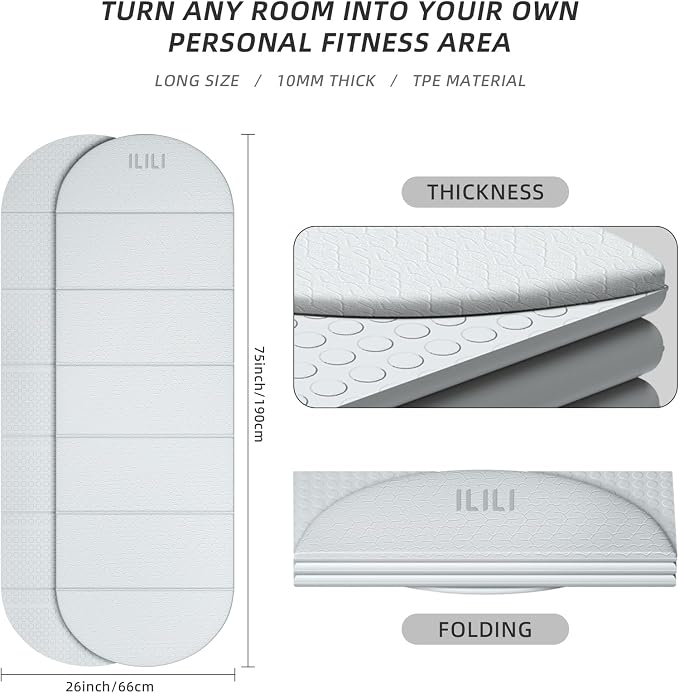 ILILI Foldable Yoga Mat-Semicircular, 10mm Thick, TPE Material, Extra Long 75"L x 26"W, Soft and Comfortable Folding Oval Mat 0.4 Inches, Easy to Carry and Store, 190*66cm Portable Multi-Functional Use for Yoga, Home Exercise & Outdoor