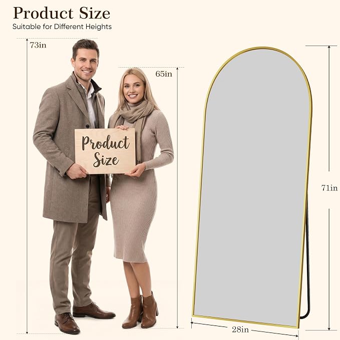 71"x28" Arched Full Length Mirror with Stand, Free Standing Leaning Wall Mounted Aluminum Alloy Frame Mirror for Bedroom Living Room Cloakroom, Gold