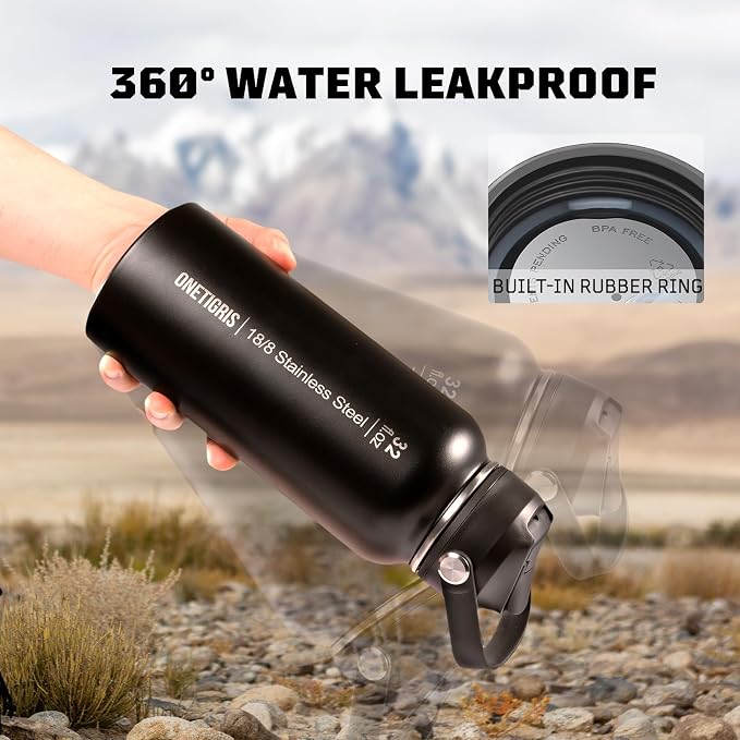 ONETIGRIS 32oz Insulated Tactical Water Bottle with Straw & MOLLE Sleeve | 3 Lids,Keeps Ice Cold 48H Hot 24H,304 Food-Grade Stainless Steel,360° Leakproof Silicone Seal,2 Straws Kit,Paracord Handle