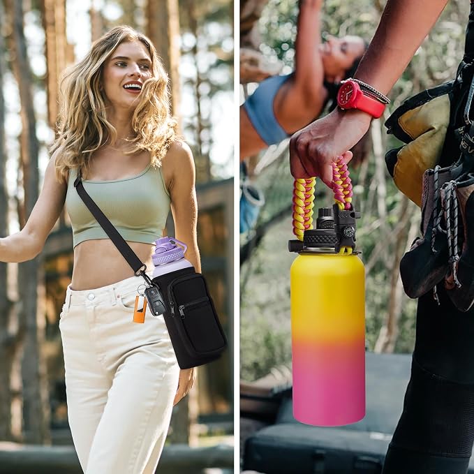 32/40/64 OZ Water Bottle with Straw - Spout Lid, Kepp Cold-48H Hot-24H, Insulated Water Bottles with Strap Carrier Bag, Paracord Handle, Protective Boot, Leakproof Metal