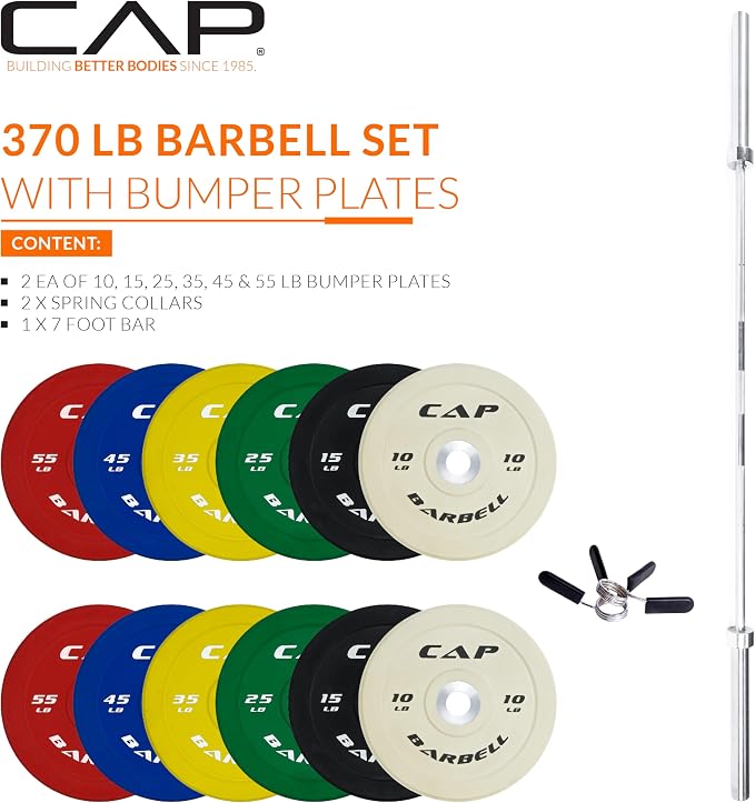 CAP Barbell Olympic Weight Set with 7ft Barbell & Bumper Plates | 160-370 lbs | Multiple Options