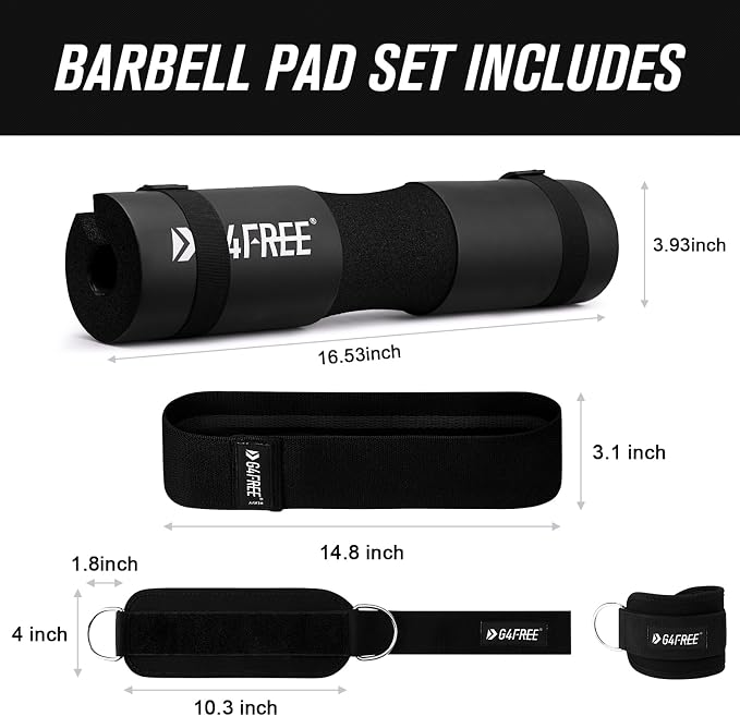 G4Free 7/9Pcs Barbell Pad Set for Squat, Hip Thrusts, Lunges, Leg day | Standard Olympic Bars with 2 Gym Ankle Safety Straps, 3 Hip Resistance Bands, 2 Lifting Strap, Barbell Pad, and Carry Bag