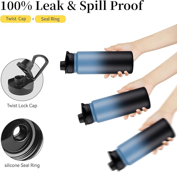 24 oz Insulated Water Bottle with Straw Lid & Wide Mouth Lids, Stainless Steel Sports Water Bottles, Double Walled Vacuum, Leak Proof, Blue Black Gradient