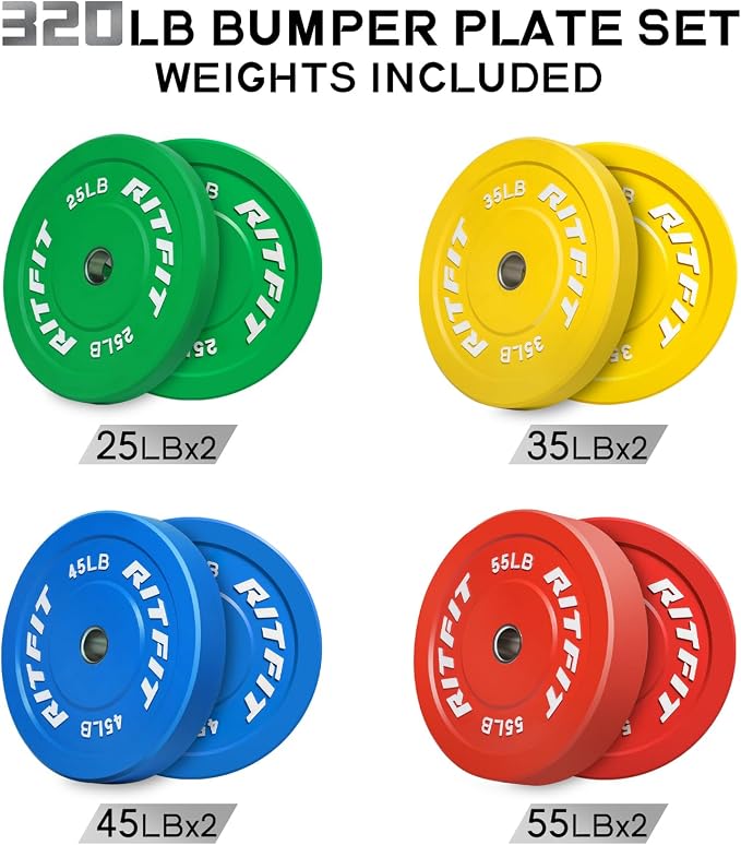 RitFit Color Coded Bumper Plate, Olympic Bumper Plate for Barbell, 2-Inch Bumper Weight Plates With Steel Insert, rubber weight plates for Strength Training in Home Gym