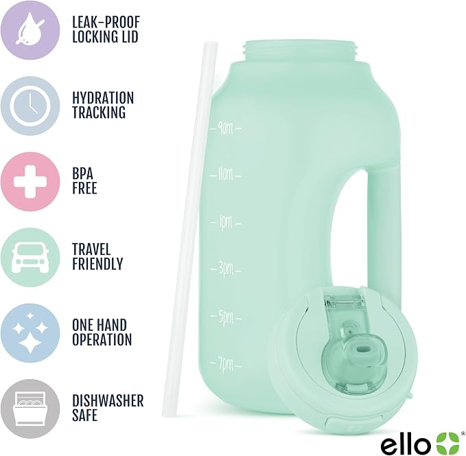 Ello Hydra 64oz BPA-Free Plastic Water Jug with Time Markers, Yucca | Large plastic water bottle jug for all day hydration with time markers, carry loop, straw, leakproof lid, and BPA-free