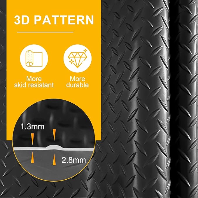 8x25 FT Garage Floor Mat, 2.8mm Thickened Flooring Roll for Under Car Diamond Plate PVC Rubber Mat with 20 Pcs Tapes, Non-Slip Floor Mat for Garage, Warehouse, Gyms, Trailer, Black