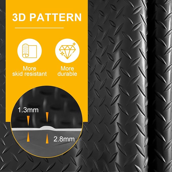 10x25 FT Garage Floor Mat, 2.8mm Thickened Flooring Roll for Under Car Diamond Plate PVC Rubber Mat with 20 Pcs Tapes, Non-Slip Floor Mat for Garage, Warehouse, Trailer, Gyms, Black